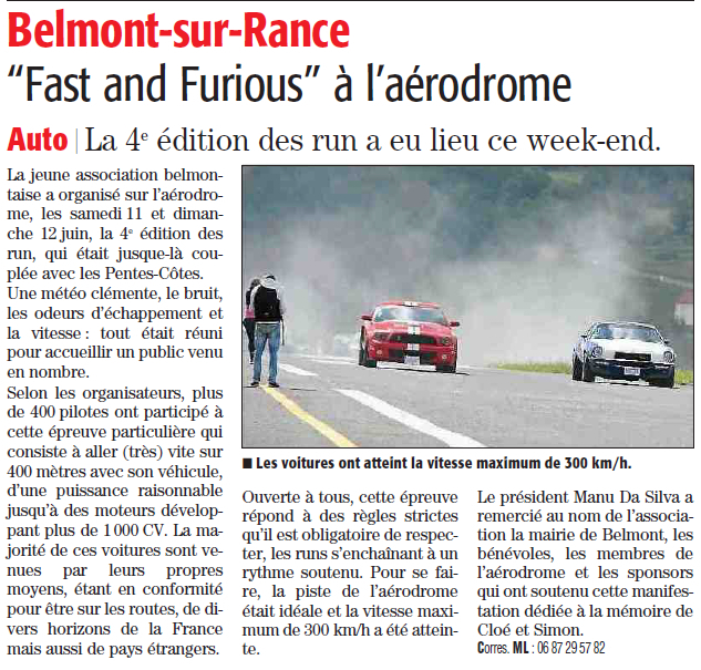 Article du Midi Libre du 14 Juin 2016 sur les run Fast and Furious de Belmont sur Rance 